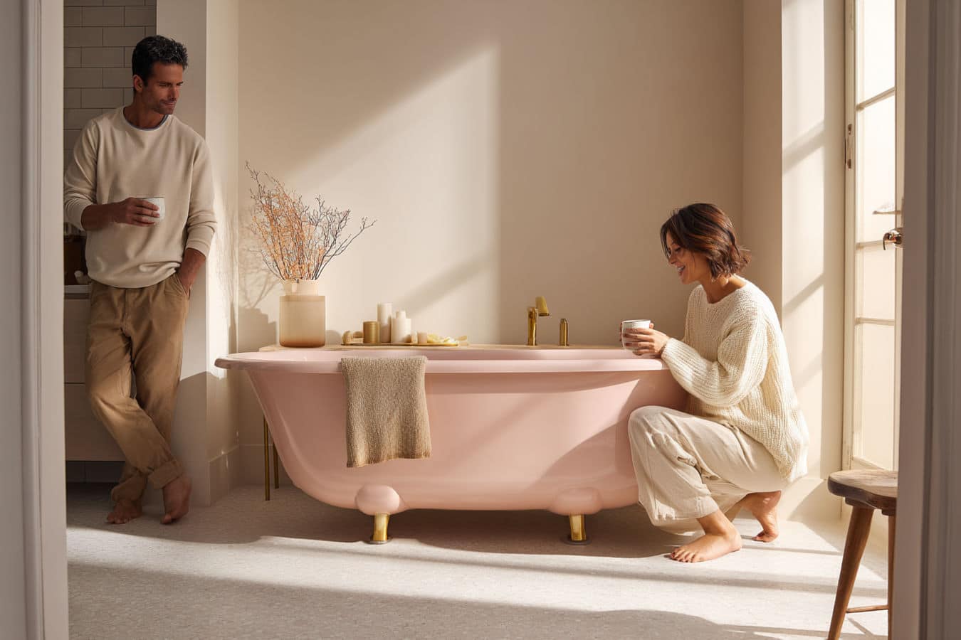 salle de bain baignoire vintage rose